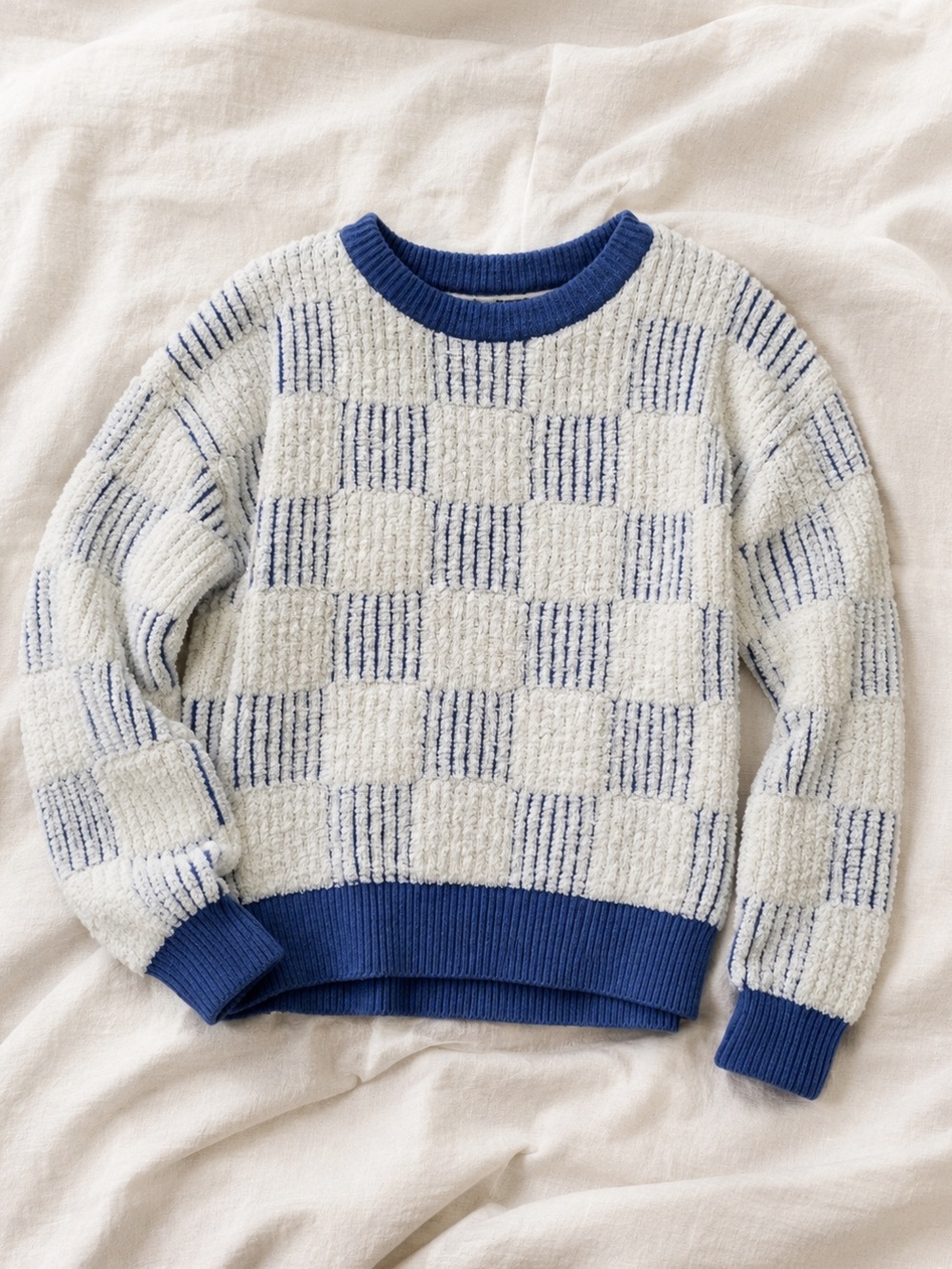 BearPaw Blue and Cream Checker Fuzzy Knit Pullover Small